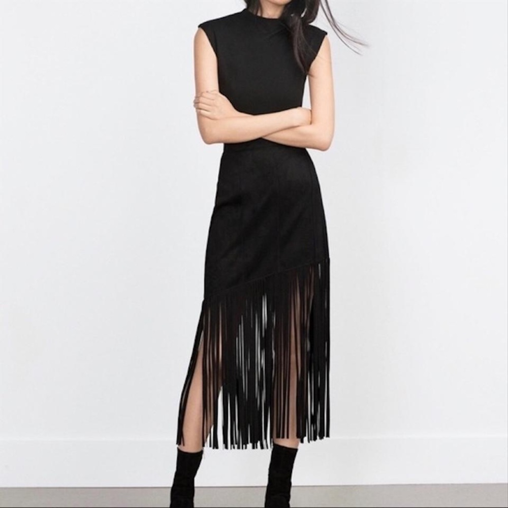 Zara Black Fringe Suede Skirt
